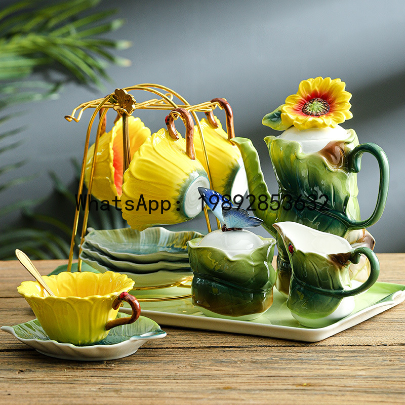 Coffee Leaves Tea - Seramik Çay Seti Ayçiçeği Kahve Fincanı