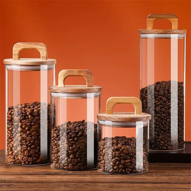 Coffee Tea Canister Set - Bambu kapaklı şeffaf cam kavanoz mühürlü